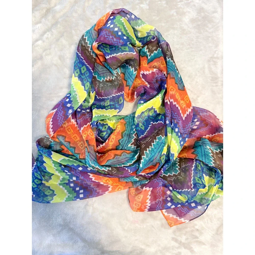 Chico's Colorful Geometric Aztec Southwestern Oblong Scarf 28x72 Polyester